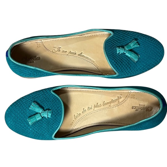 Teal Chatelles Leather Snakeskin Flats Slippers Loafer Tassels — 38 US 7 - Picture 3 of 11
